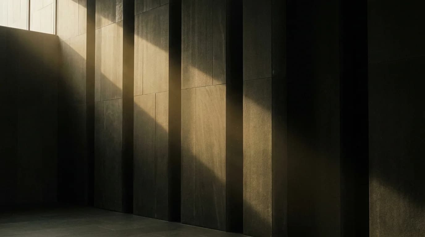 Dark stone architecture crossed by a warm beam of light